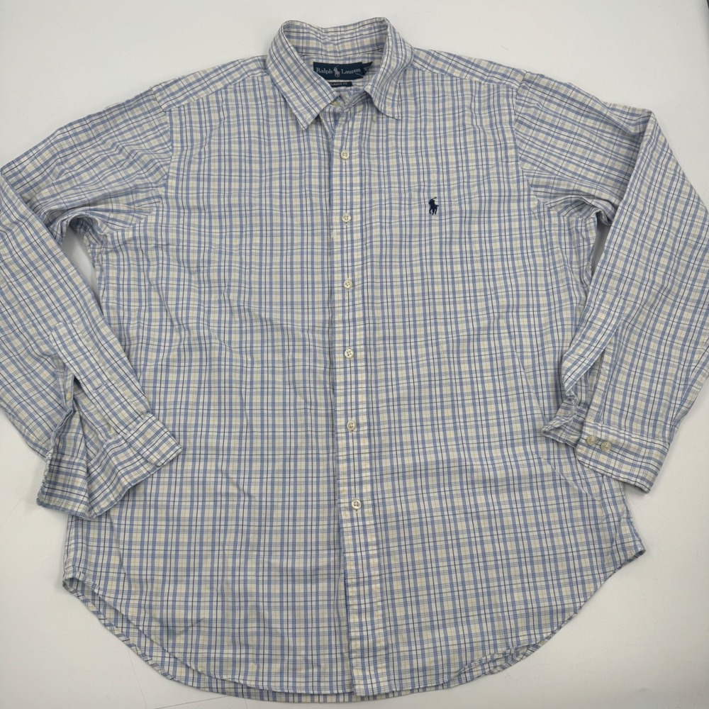 Ralph Lauren Classic Fit Plaid Button Down Shirt Men Blue Yellow White Size 16.5